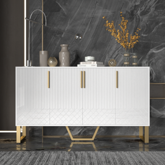 Merax Hochglanz-Sideboard, kommode, 4 Türen, Metallgriffe und -beine, geometrisches Design in Weiß, 140L*40B*80H