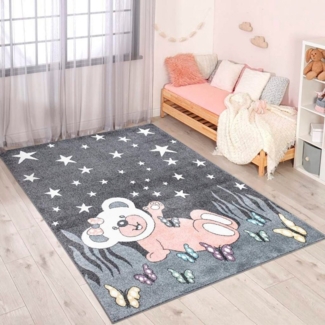 Carpet City Kinderteppich ANIME916, rechteckig, Höhe: 11 mm, Kinderzimmer Teppich Modern mit Mond, Blumen, Wolken, Creme, Multi