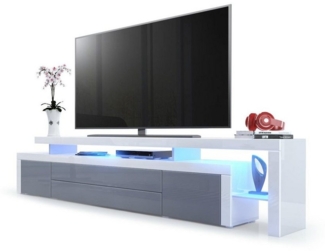 TV Board Lowboard Leon V3, Korpus und Überbau in Weiß Hochglanz / Front in Grau Hochglanz mit Rahmen in Weiß Hochglanz inkl. LED Beleuchtung (227 x 52 x 35 cm)