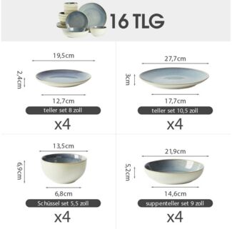 JIWOO Geschirr-Set 16er Kombiservice Teller-Set Tafelservice Schüssel-Set Speiseteller (16-tlg), 4 Personen, Keramik, Hochwertiges Geschirr set Blau Mikrowellen spülmaschinenfest
