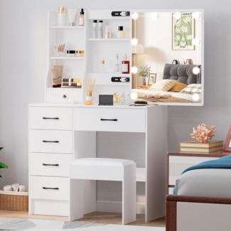 Schminktisch mit LED-Beleuchtung, Schiebespiegel, Kosmetiktisch Weiß 36x80x131cm