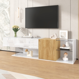 TV-Lowboard 180 cm Weiß Hochglanz mit Holzdekor, TV-Möbel, Sideboard mit Türen, Glasregalen, Wohnzimmer Schrank,180 x 38 x 48 cm