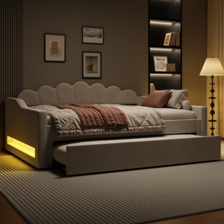 Merax Daybett Polsterbett 140x200cm Doppelbett Tagesbett mit Ausziehbett 90x190cm und LED, beige