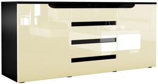 Sideboard Kommode Sylt V1, Korpus in Schwarz matt / Front in Creme Hochglanz mit Absetzungen in Schwarz Hochglanz (139 x 72 x 35)