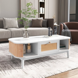 BlingBin Wohnzimmertisch Couchtisch Rattan-Kaffeetisch (1-St, Breite 110 CM), Schubladen mit Rattan und Schiebetüren mit Massivholzlatten