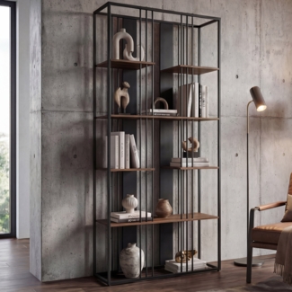 Regal HWC-P12, Bücherschrank Hochschrank, Industrial Metall Melamin MVG-zertifiziert 180 x 80 x 31 cm ~ schwarz, dunkelbraun