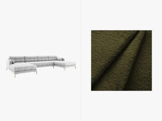 Micadoni Panorama-Sofa Mamaia 6-Sitzer Boucle Baloo Dunkel-Olivgrün goldene Beine