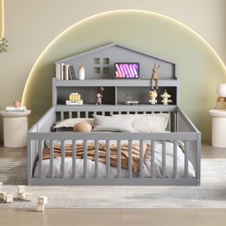 Hausbett Grau Mit Kreidetafel 140x200 Massivholz Kiefer Bodenbett Mit Tür Regalen Stauraum 150kg Tragkraft Kinderzimmer Montessori Spielbett
