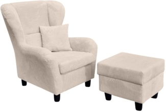 OHRENSESSEL mit HOCKER, hoher Sitzkomfort durch Wellenunterfederung B90/H98/T76 cm, Cord Beige Creme