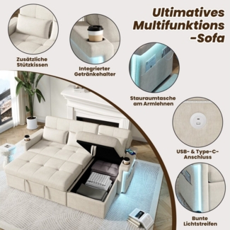 i@home Schlafsofa L-förmiges Ecksofa, Beige/Grau, mit LED-Beleuchtung und USB-Anschlüssen, verstellbare Rückenlehne