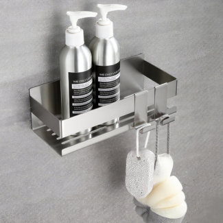 BlingBin Duschregal Edelstahl Duschkorb Badregal Wandmontage Duschablage mit 2 Haken, 1-tlg, Badregal Organizer Selbstklebend Duschregal ohne Bohren