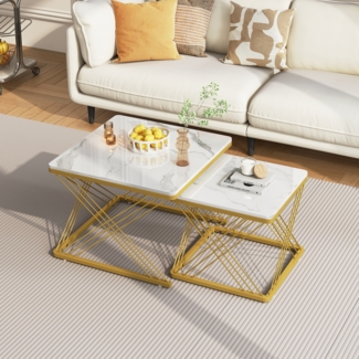 Merax 2-teiliges Couchtisch-Set, hochglänzende Marmoroptik, höhenverstellbare Füße, bis 30kg belastbar,Hochglanz-Kombi-Couchtisch, Weiß & Gold