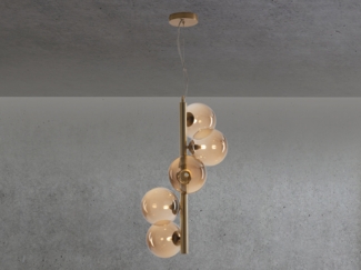 LED Pendelleuchte 5-flammig Gold-Glaskugeln Bernsteinfarbig, Höhe 183cm