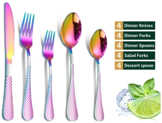 GarveeMore Besteck-Set 20teiliges Besteckset Kariertes Muster Spiegelglattes Gabel Löffelset, Edelstahl-Besteck für die Küche, Restaurant, Hotel, spiegelpoliert