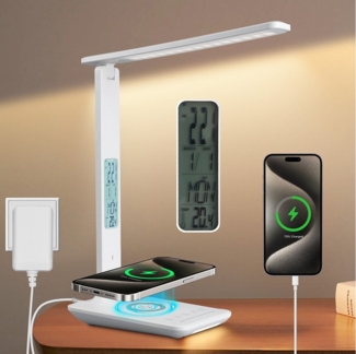 MUPOO Schreibtischlampe LED Schreibtischlampe, kabellosem Laden & Wecker Dimmbar Augenschutz, 3000K-6000K, LED fest integriert, 5 Farbtemperatur, Timer