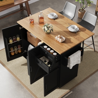 Merax Kücheninsel, Küchenschrank, buffetschrank, Speisewagen mit Holzmaserung, buffetschrank, Multifunktionale Esstisch mit Speicherraum, Speisewagen mit Snackregalen, schwarz