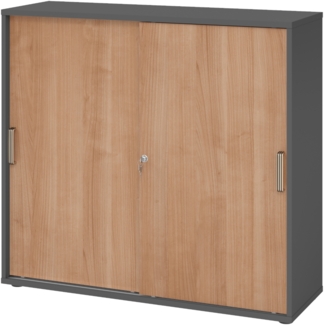 bümö Schiebetürenschrank 3OH - Aktenschrank abschließbar, Sideboard Schrank mit Schiebetüren in Graphit/Nussbaum, Streifengriff - Büroschrank aus Holz mit Schiebetür, Büro Kommode für Ordner & Co, 1753S-G-N-SG