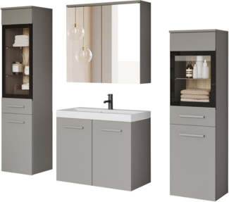 welltime Badmöbel-Set MADRIT II, Schrank mit Waschbecken, 2 Hänger, Spiegelschrank, (Komplett-Set, 5-St), Hängende Badmöbel mit Glaseinsätzen – in vielen Farben erhältlich