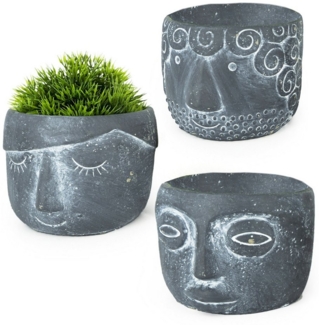 Macosa Home Blumentopf Deko Pflanztöpfe 3er Set Gesicht Zement rund Grau (Hellgrau oder Dunkelgrau, Pflanzgefäß Dekotopf Gefäß), modern Garten-Dekoration Blumenübertopf Pflanztopf
