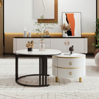 2-in-1 runder MDF-Couchtisch, Beistelltisch mit gl?nzender Platte und 1 wei?er Marmorplatte, Wohnzimmer-Couchtischkombination mit 2 Schubladen, 70*70*46 + 50*50*40 cm