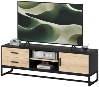 TV-Schrank, mit Tür, 2 Schubladen, offene Fächer, verstellbares Regal, Schwarz
