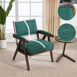 Loungesessel mit Massivholzrahmen & Stoffbezug, Retro Einzelsessel mit Nieten, Polstersessel für Wohnzimmer & Büro,Grün