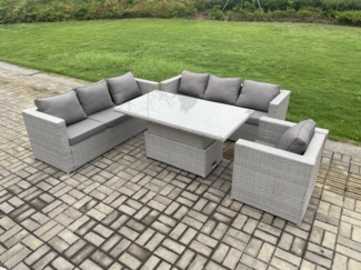 Fimous Polyrattan Gartenmöbel Set mit 2 Sofa; Höhe verstellbar Esstisch und Sessel Outdoor Terrassen Essgruppe Helles Grau