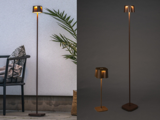 SET Akku Stehlampe 120cm & Tischleuchte 36cm für Outdoor kabellos Rostoptik