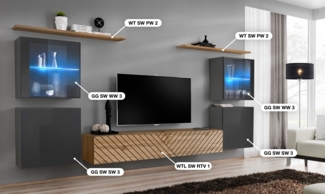 Wohnwand Switch Lamel, Korpus: Graphit, Wotan / Front: Graphit hochglanz PVC, Wotan PVC (gerillt)