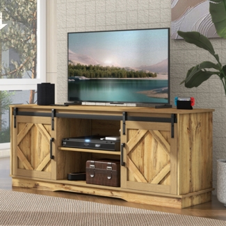 TV-Schrank 150 cm mit Schiebetüren Landhausstil Lowboard Fernsehtisch für 65 Zoll Rustikal Braun Modern Stauraum