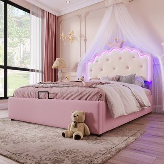 Prinzessinnenbett Kinderbett 140x200 rosa LED-Umgebungslicht Hydraulik Stauraum Kunstleder Polsterbett