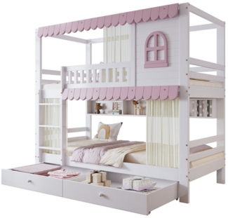 HAUSS SPOLE Etagenbett 90x200 cm mit Vorhängen, Offenes Regal, 2 Schubladen Weiß+Rosa (Etagenbett Kinderbett Weiß & Rosa mit Fenster, Vorhängen, Fallschutzgitter & Offenem Regal - Mit Zwei Schubladen, Sicherer Zugang und Reichlich Stauraum, 90x200 cm), o...