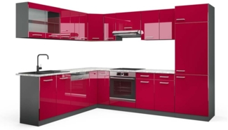 Eckküche R-Line Rot Hochglanz/Anthrazit 287 x 60 cm , AP Marmor Vicco