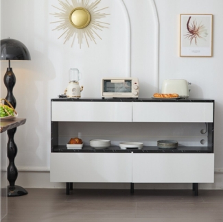 Ulife Sideboard Aufbewahrungsschrank, Buffetschrank, Küchenmöbel in Marmoroptik, 1 offenem Fach, 4 Schubladen, mit LED-Beleuchtung