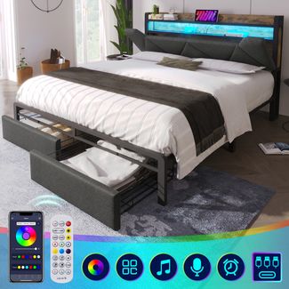 Bettgestell 160x200 cm mit LED-Kopfteil,Stauraum-Kopfteil & 2 Schubladen,Leinen Grau,USB & Typ-C Ladeanschlüsse,inklusive Matratze