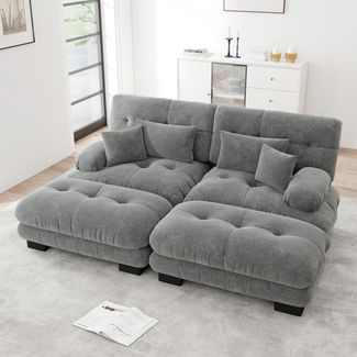 Flieks 2-Sitzer Ecksofa, Modular Cloud Doppelsofa Schlafsofa aus Chenille mit 2 Lenden- & 2 Dekokissen, breiten Armlehnen & 2 Ottoman, Grau
