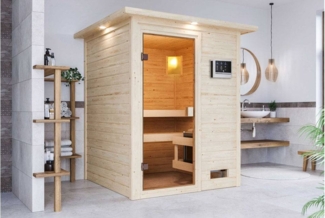 Karibu Sauna Sandra mit Dachkranz + 3,6kW Plug&Play Ofen externe Steuerung