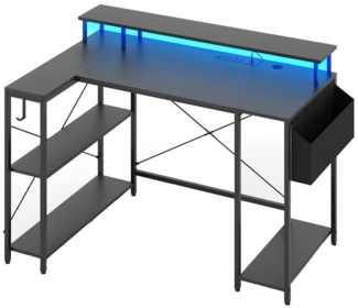 COSTWAY Computertisch, mit Steckdosen, LEDs, Monitorständer, Regalen & Tasche