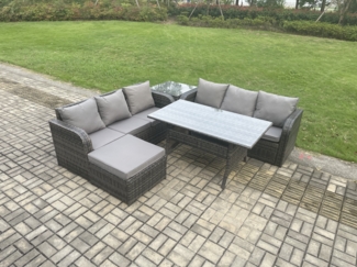Fimous Rattan Gartenmöbel-Set mit Langer rechteckiger Esstisch Großer Fußhocker Beistelltisch 5 Stücke Outdoor Garten Sofa Set Dunkelgrau gemischt