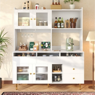 Flieks Küchenbuffet Hochschrank mit Glastüren, Schubladen und Gläserhalter (B145/T39/H171 cm, 1-St) Küchenschrank mit Arbeitsplatte Sideboard Buffetschrank Weiß