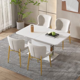 Esszimmerstuhl H 82 x T 54 x B 52 cm, Samt Beige mit goldfarbenen Metallbeinen, modern,4er-Set