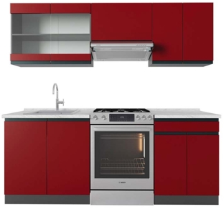 Küchenzeile R-Line Rot/Anthrazit 200 cm J-Shape, AP Marmor Vicco