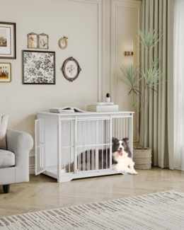 Hundekäfig Möbel, 110cm Hundebox, 2 Türen, Moderne Hundekäfig Indoor für kleine/mittlere/große Hunde bis 100 kg, Beistelltisch, Verstärkte Schiebetür, 65 × 110 × 81 cm, Weiß