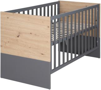 roba 2 in 1 Baby- & Beistellbett Anna - 6-fach Höhenverstellbar - 5 Schlupfsprossen für Beistellfunktion - inkl. Lattenrost, 60 x 120 cm, Anthrazit / Dekor in Kent Eiche