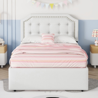 Polsterbett 90x200 cm aus Leinen mit Stauraum und dekorativen Nieten – hellbeige, elegantes Design