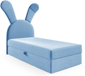 MEBLINI Kinderbett mit Bettkasten KANINCHEN 100x200 Links – H3/Blau Samt Gepolstert Einzelbett mit Matratze - Polsterbett mit Stauraum - Bett mit Kopfteil – Stauraumbett