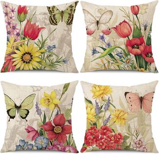 Kissenbezüge 45×45 cm 4er-Set Leinen Blumen Schmetterling, Frühling, Outdoor Couch