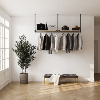 RSR Hangers Garderobenstange Kleiderstange Garderobe "DIEK II" mit Kiefernholablage Deckenmontage