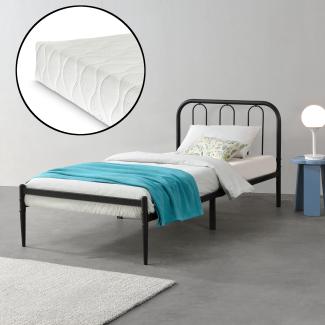 en.casa Metallbett, Einzelbett 90x200 cm, Schwarz, mit Matratze und Lattenrost