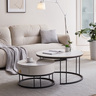 Couchtisch Beistelltisch Kaffeetisch Wohnzimmertisch, Schiefer-Tischplatte, mit Schublade, Keine Lötstellenstruktur 2-teiliges Set, 2-in-1 Set Tisch